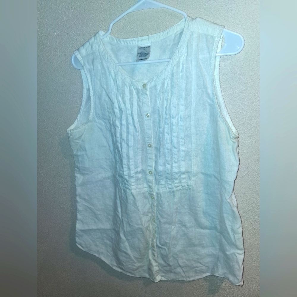Lands End Round Neck 100% Linen Sleevelesd Blouse Button Up Pleated 12